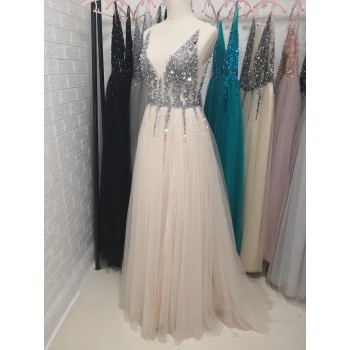 Beading Prom Dresses Long 2021 V Neck Light Gray High Split Tulle  Sleeveless  Gown A-Line Backless 